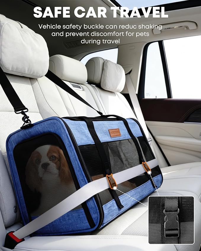 Large Cat Dog Carrier for Pet Up to 20 Lb - 20×13×13 in, Top & Side Entry, Foldable, Soft-Sided Pet Carrier with Ventilated Anti-Scratch Mesh & Car Seat Buckle for Car, Travel and Vet - Blue