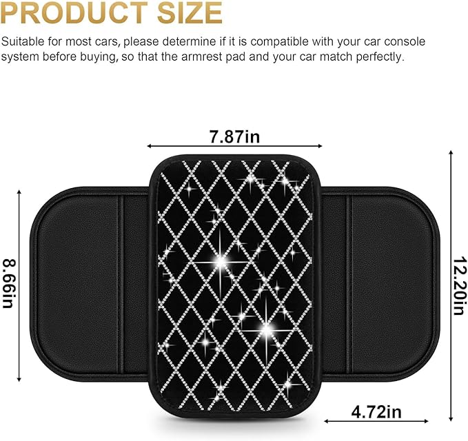 Bling Center Console Cover with 2 Side Pockets Fit for bZ4X Multi-Functional Car Armrest Cushion Diamond-Studded Rhombus Pattern Style(Black&Silver Diamond)