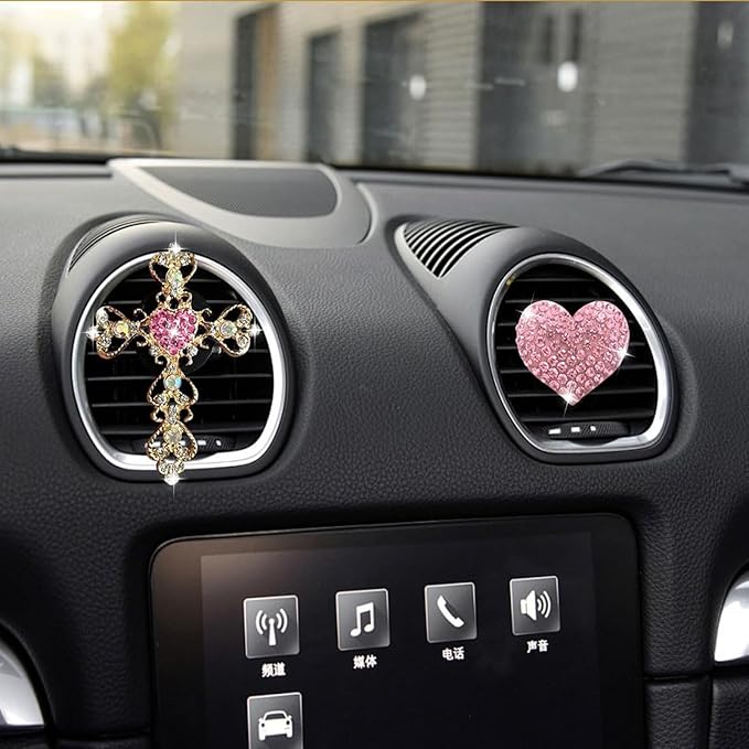 2PCS Bling Car Vent Clip Car Accessories, Crystal Rhinestone Cross and Heart Car Air Fresheners Vent Clips, Diamond Auto Air Conditioner Outlet Decoration Charm for Women