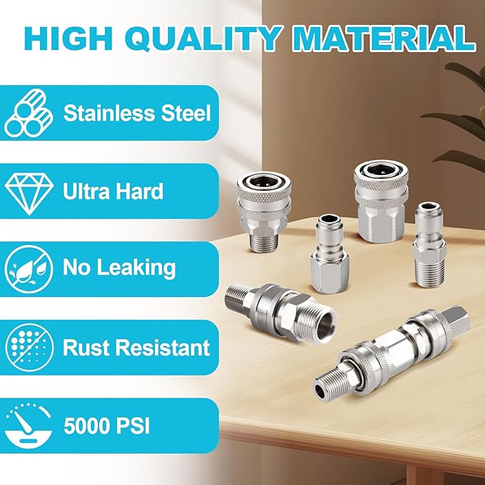 4 PCS Pressure Washer Coupler Quick Connect Fittings，3/8 in NPT Female and Male Thread (Premium Pressure Washer Hose Adapter Set), Stainless Steel Hose Connector, 2 Set