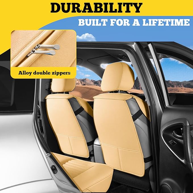 LINGVIDO Front Car Seat Covers, Faux Nappa Leather, Airbag Compatible and Waterproof Protectors for Sedans SUVs, Breathable Anti-Slip Interior for Commuters and Rideshare, Beige