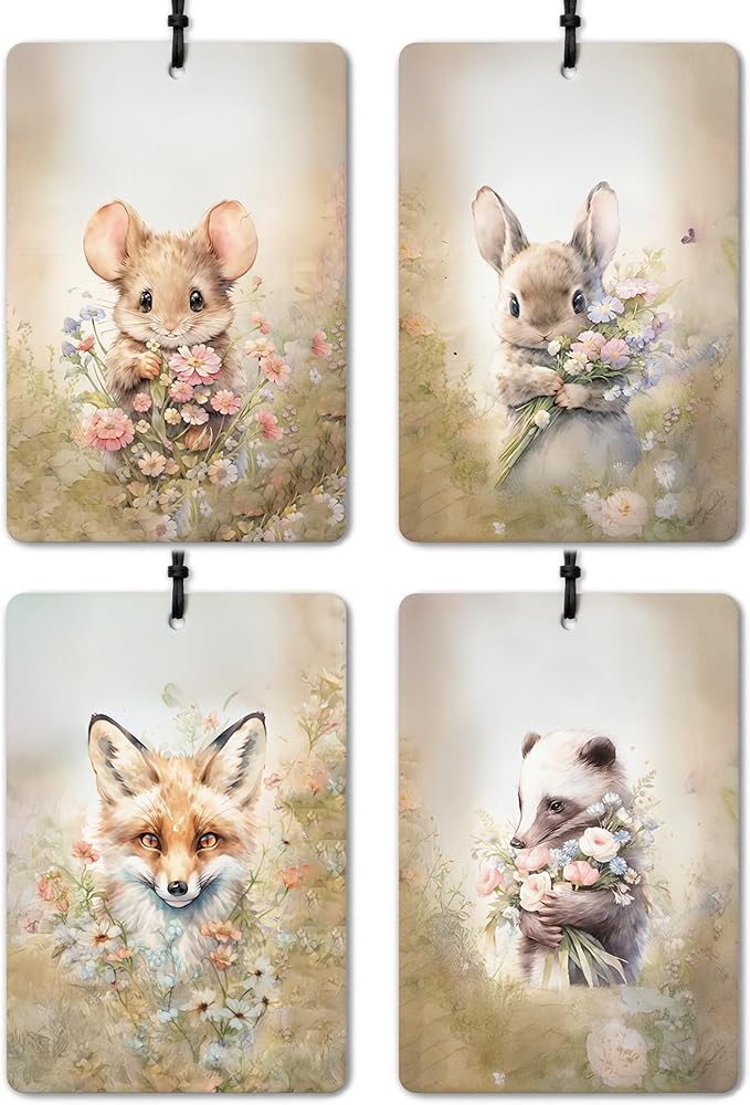 Spring Floral Bunny Mouse Fox Badger Car Air Freshener 4 Pcs, Whimsical Forest Animal Botanical Wildflower Hanging Air Freshener for Cars Closet Drawer Books, Cute Car Accessories for Women