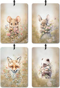 Spring Floral Bunny Mouse Fox Badger Car Air Freshener 4 Pcs, Whimsical Forest Animal Botanical Wildflower Hanging Air Freshener for Cars Closet Drawer Books, Cute Car Accessories for Women