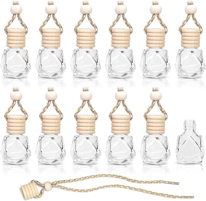 Car Diffuser Bottle Set 8ml– 30pcs Diamond Shaped Hanging Car Oil Diffusers, Refillable Glass Air Freshener Bottles for Essential Oils, Closet & Car Use