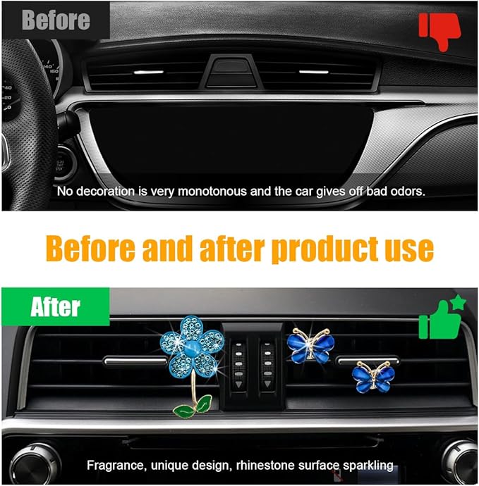 3 PCS Bling Car Air Vent Clips, Rhinestone Daisy Butterfly Air Freshener Outlet Diffuser Clip, Cute Auto Air Conditioning Clip Charm for Women Girls, Decor Car Accessories (Blue)