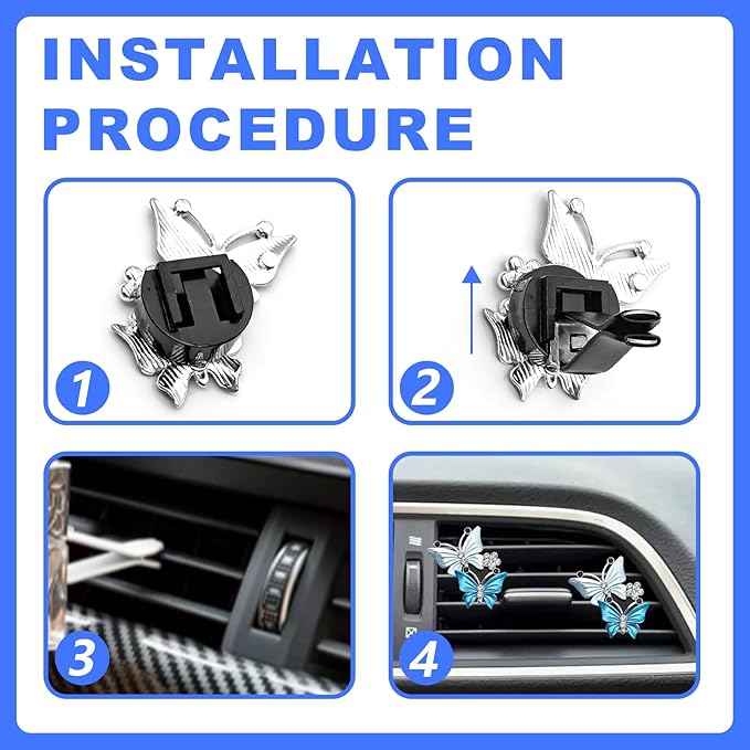 Car Shiny Dual Butterfly Air Outlet Clips, Crystal Air Fresheners Vent Clips, Car Diffuser Vent Clip Rhinestone Diamond Interior Decor, Car Decoration, Bling Car Accessories (2 Pcs Blue)