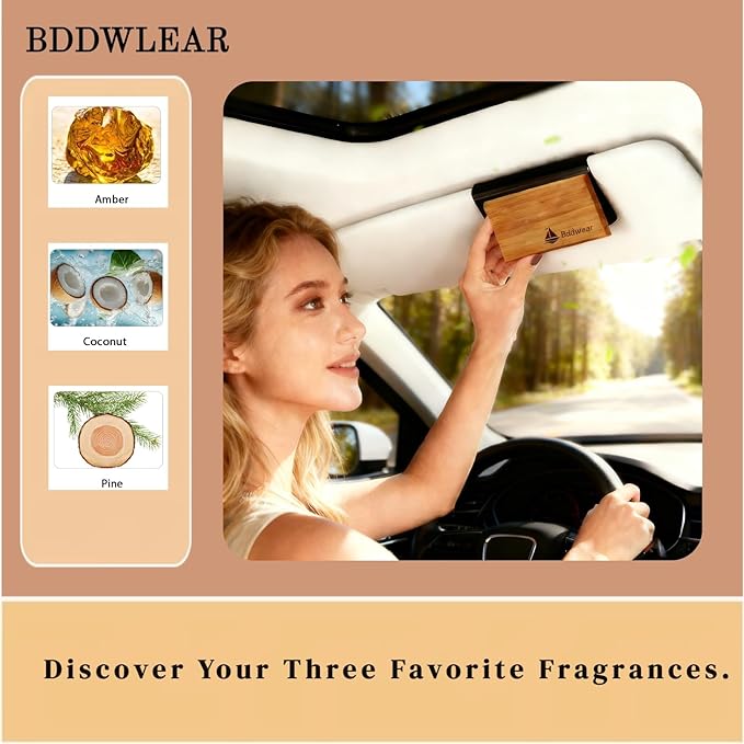 Car Air Freshener Wooden Visor Clip, Car Odor Eliminator Air Purifier with Scent Refills, Universal for Men Women, Vehicle Fragrance Diffuser for Car Truck SUV, 3 Pack (Amber Coconut Pine), Clip Included