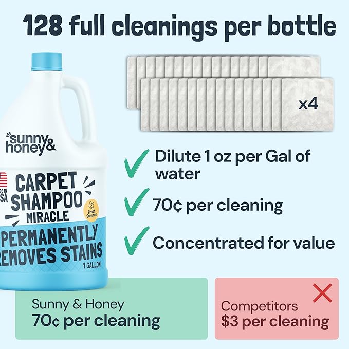 Sunny & Honey Carpet Cleaner Solution - Deep Stain Remover & Surface Deodorizer - Pet & Rug Cleaner - Upholstery Cleaning for Machine Use (128 fl oz, Fresh Summer Scent)
