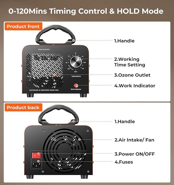Ozone Generator, 48,000mg/h High Capacity O3 Machine for Large Spaces Up to 4,000 Sq Ft, Portable Odor Eliminator for Car, Home, Basement, Smoke, Pets, and Commercial Use, Orange