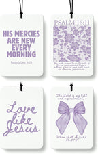 Purple Christian Car Air Freshener 4 Pcs, Girly Pink Bow Floral Religious Hanging Air Freshener for Cars Closet Drawer Books, Cute Preppy Christian Car Accessories Mirror Decor for Women