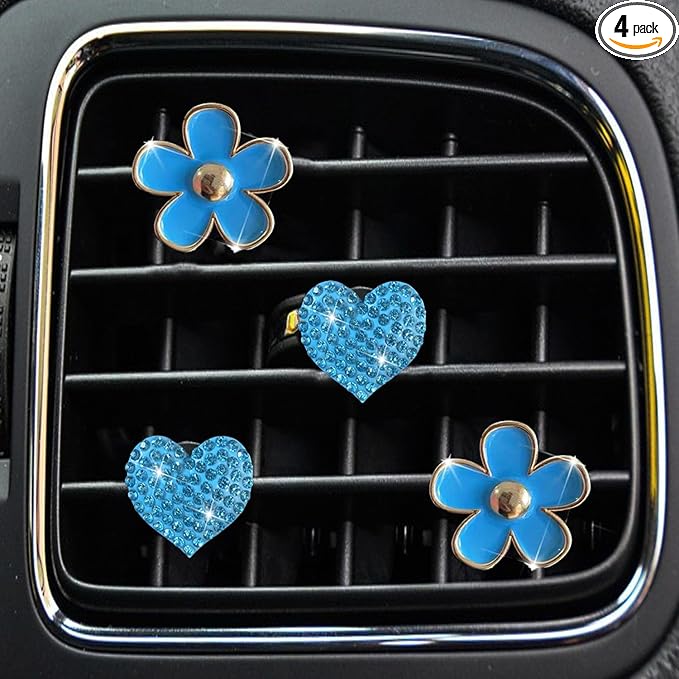 4PCS Car Air Vent Clips with Fragrance Pads, Cute Flower Car Air Fresheners Vents Clips Diamond Vent Clip Auto Interior Decor Charm Bling Auto Accessories Decoration for Women (Blue)