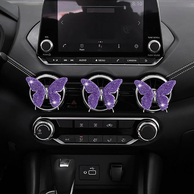 Dotesy 2 Pack Bling Bling Butterfly Air Vent Clips Crystal Butterfly Car Air Fresheners Vent Clips Diamond Cute Car Interior Decor for Women (Dark Purple)