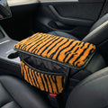 Plush Tiger Print Car Center Console Cover with Side Pockets, Fluffy Armrest Cushion Pad,Soft Car Interior Decorations Accessories with Storage for Women,Universal Fit for Vehicles SUV Truck