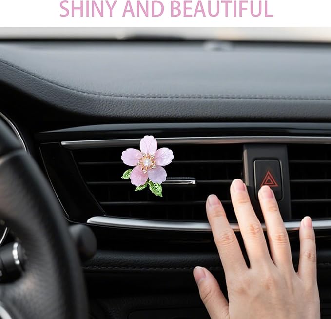 Cute Cherry Flowers Car Air Freshener Vent Clips,Girly Pearl Rhinestone Cherry Blossoms Car Accessories for Women, Refillable Clips On Diffuser