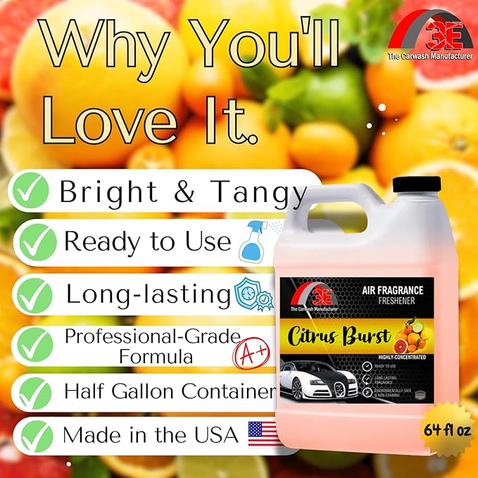 3E Car Air Freshener Concentrate – 64 oz – Professional Automotive Fragrance – Multiple Scents (Citrus)