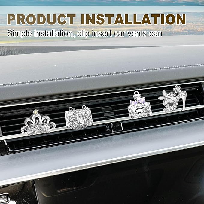 4PCS Bling Air Freshener Vent Clip, Crystal Rhinestone Heels Bag Crown Perfume Bottle Dashboard Air Vent Trim Clips, Cars Accessories Interior Decor (Sliver)