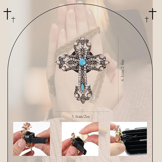 Cross Car Decor,Vintage Cross Air Vent Clips Car Freshener,Bling Rhinestone Turquoise Accent Auto Interior Dashboard Decorations Accessories,Refillable Diffuser