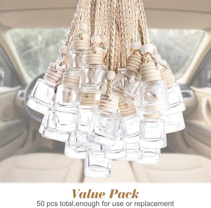 50 Pack Hanging Car Air Freshener Diffuser Bottles Empty Essential Oils Diffuser Bottles Glass Perfume Bottles Pendant Fragrance Aromatherapy Diffuser Bottle For Auto Interior Ornament Decor