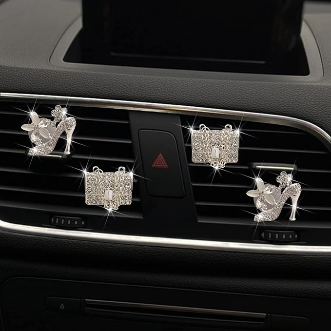 Bling High Heel Shoe & Bag Air Vent Clip, 4 Pcs Crystal Air Freshener Vent Clip Rhinestone Diamond Car Decoration Car Interior Decor Bling Accessory for Women