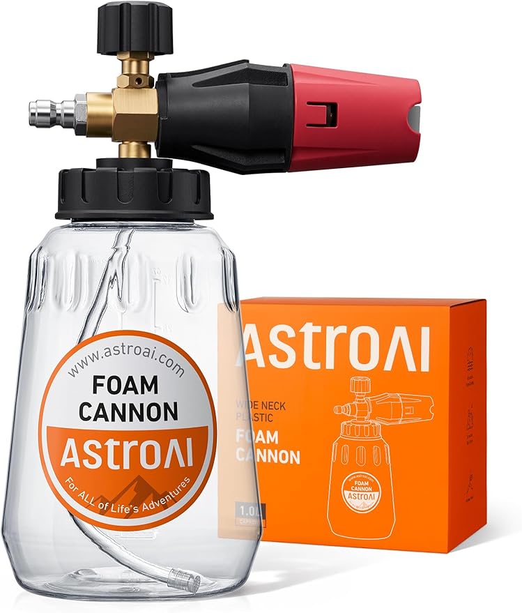 AstroAI Foam Cannon for Pressure Washer, Snow Clear Foam Cannon, Wide Neck Foam Blaster Adjustable Nozzle for Car Wash Accessories, with 1/4 Inch Quick Connector, 1 L Clear Bottle