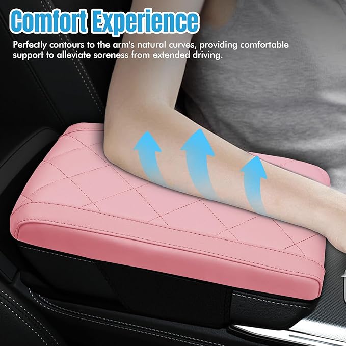 Hovom Car Center Console Armrest Pillow, 12.6"×7.87"×1.97" Leather Arm Rest Cover for Cars, Soft Comfortable Auto Armrest Cushion Pad, Vehicle Middle Console Cover, Car Accessories (Pink)