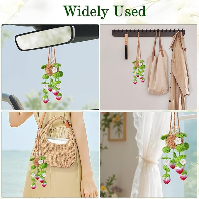 Crochet Car Air Freshener, 10ml Empty Refillable Oil Diffuser Bottle with Hanging Crochet Flower Strawberry Plant & Hanging Tools, Car Rearview Mirror Diffuser for Wall Art & Home & Office Decoration
