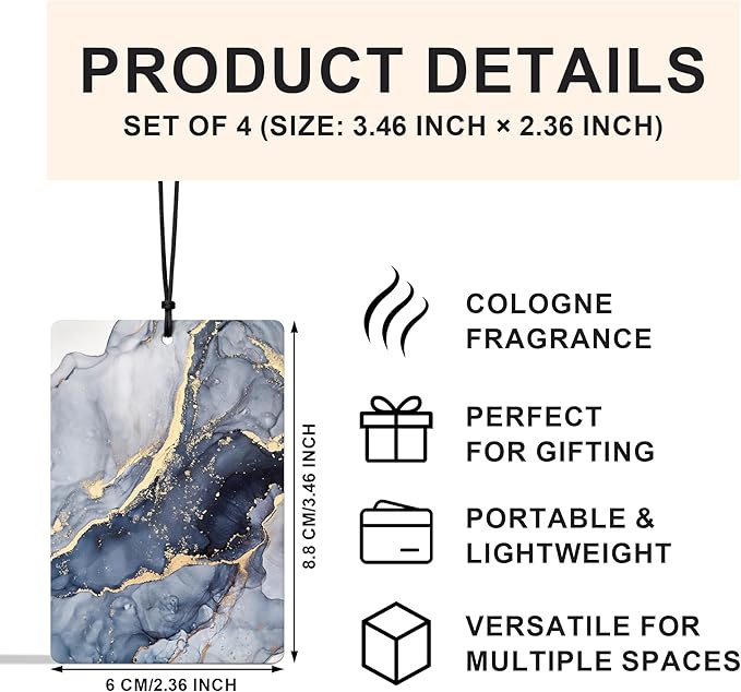 Abstract Blue and Gold Marble Car Air Freshener 4 Pcs, Contemporary Marble Texture Air Freshener Hanging for Cars Books Closet Drawer, Modern Blue Car Accessories for Women Men