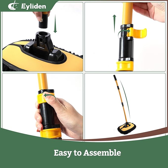 Eyliden Car Wash Brush Mop, Long Handle, 2 Scratch-Free Microfiber Heads, Car Detailing Care Kit for Car RV Truck (Yellow & Black)