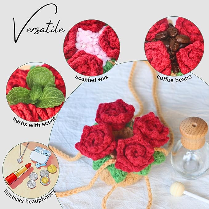 Handmade Crochet Hanging Car Air Freshener - Romantic Red Rose Design, 12ml Refillable Thick Glass Bottle, Car Diffuser for Rearview Mirror, Home & Office Romantic Decor