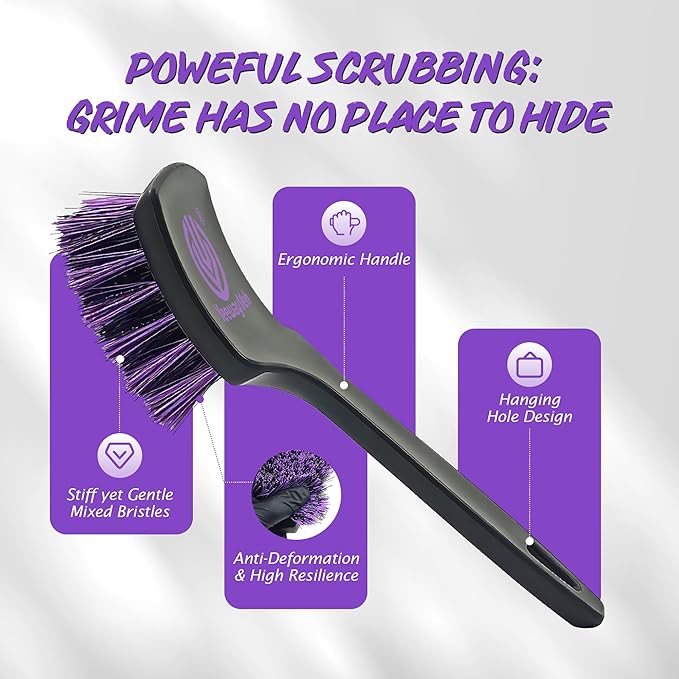 YeewayVeh Pro Tire Cleaning Brush, Stiff Mixed Bristles Tire Cleaner, Short Handle Scrub Brush for Cleaning Sidewalls, Rubber Mats & Wheels, Anti-Deformation Tyre Detailing Tool, Purple/Black