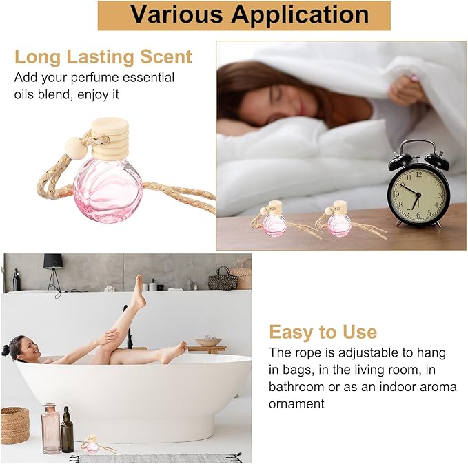 uxcell 8pcs Hanging Car Air Freshener Perfume Bottle, 10ml Pendant Empty Clear/Pink Glass Essential Oil Aromatherapy Diffuser with Wooden Cap for Car Decor (Clear/Pink, Round)