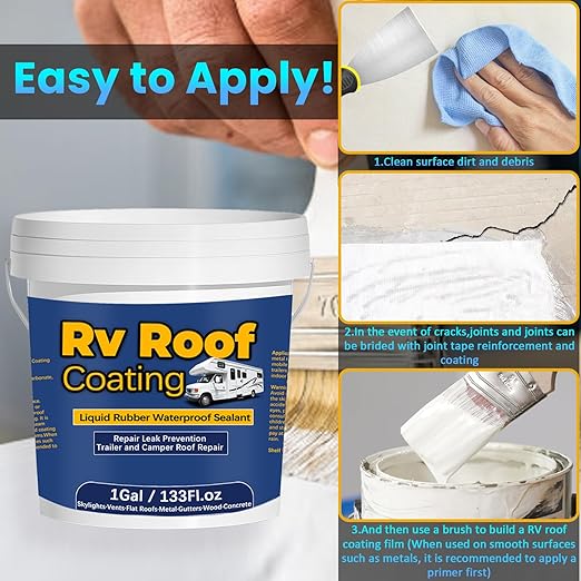 1Gal/133Fl.oz Liquid Rubber Rv Roof Coating White Waterproof Sealant Camper Roof Repair Solar Reflective Wooden Brush Putty Knife Nitrile Gloves Paint Roller Drywall Repair Tape
