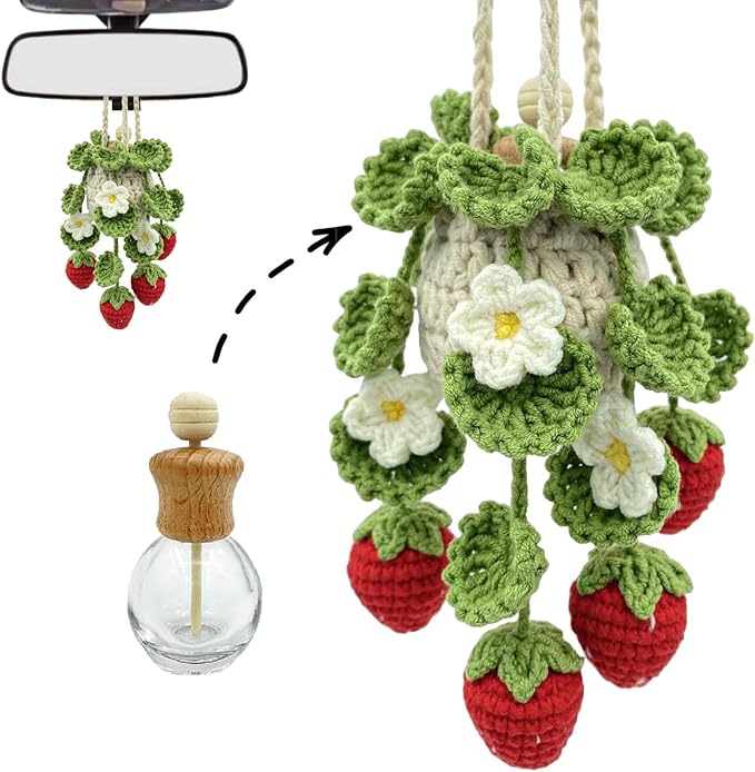 Crochet Hanging Plant Car Air Freshener，10ml Empty Refillable Car Diffuser Bottle with Potted Plants Car Mirror Hanging Accessories Car Air Hanging Fragrance Oil Diffuser (Deep Strawberry)