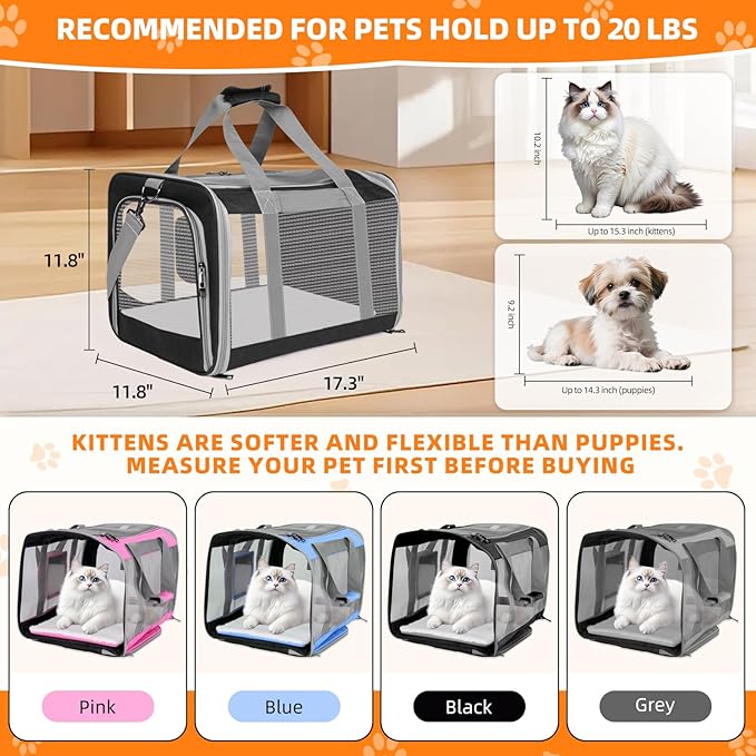 Cat Carrier for Large Cats up to 20 Lbs,Soft-Sided Pet Carrier for Large and Medium Cats, Small Dogs,Puppies,Collapsible Dog Carrier Travel Bag with 2 Storage Bags,4 Mesh Windows (Black, Medium)