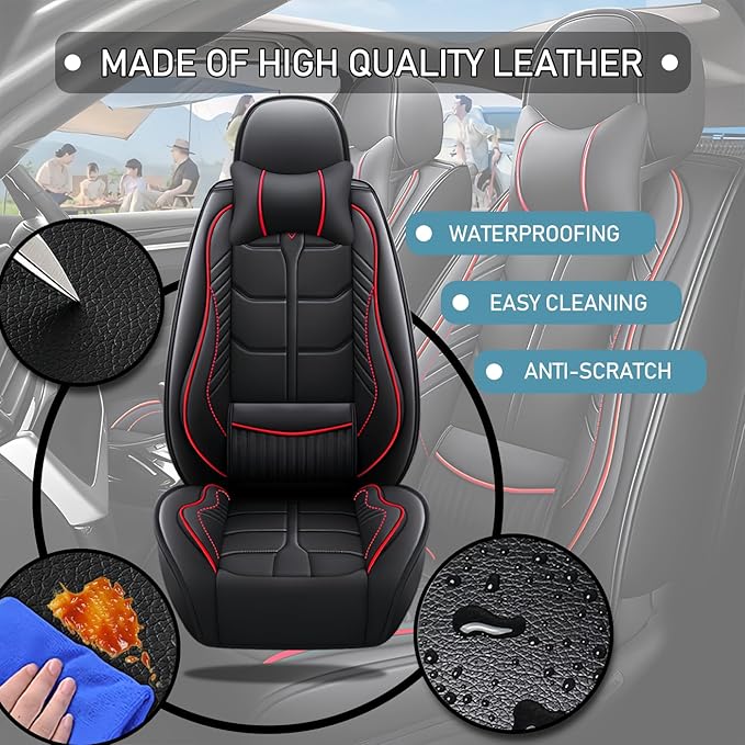 Leather Car Seat Covers Fit for Toyota Avalon 1996-2024, 5 Seater Car Seat Cover, Premium Waterproof, Scratch Resistant Car Interior Accessories (Full Set with Pillow Black Red)