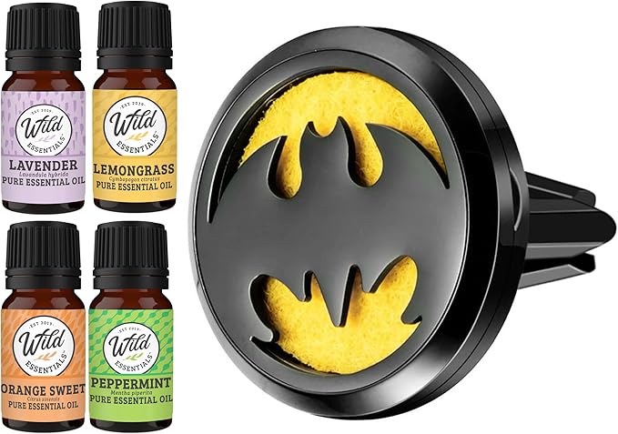 Wild Essentials Black Bat Essential Oil Car Vent Diffuser Kit With Lavender, Lemongrass, Peppermint, Orange Oils,Stainless Steel Locket Pendant,8 Refill Pads, Customizable Color Changing Air Freshener