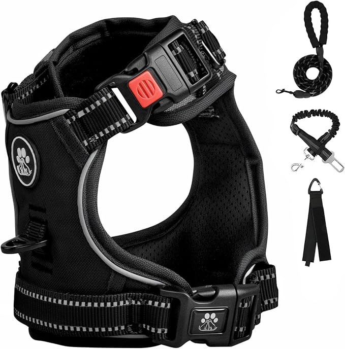 FURRYFECTION Plaid Dog Harness for Small Dogs, Reflective No Pull Adjustable Pet Vest with Front Clip, Leash, Easy Control Handle and Seat Belt, Black, S