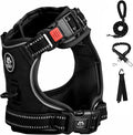 FURRYFECTION Plaid Dog Harness for Large Dogs, Reflective No Pull Adjustable Pet Vest with Front Clip, Leash, Easy Control Handle and Seat Belt, Black, L