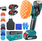 Cordless Car Buffer Polisher Kit, 6" Dual Action Random Orbital Polisher, 6 Variable Speed (1600–5500 RPM) 2×21V 2000mAh Rechargeable Batteries, 13 PCS Polishing & Waxing Attachments for Car Detailing