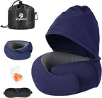 Travel Pillow - Hooded Neck Pillow Airplane Memory Foam Filling for Plane, Office, Cars Sleeping, Road Trip, Long Flights, Portable Plane Accessories, Includes Eye Mask & Earplugs (Navy)
