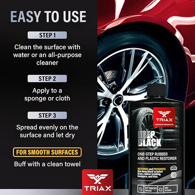 Triax Deep Black Tire, Trim, and Bumper Restore and Conditioner | One-Step Rubber Protectant with UV Shield | Polymer Based | No Water Rinse (12 Ounce)