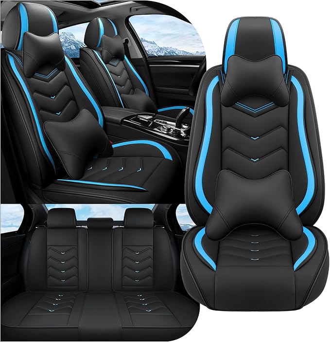 Car Seat Covers Fit for Toyota rav4 2000-2026, Stylish Sport Seat Covers, Waterproof Wear-Resistant Premium Nappa Leather Car Seat Cover.(Full Set with Pillow/Black Blue)