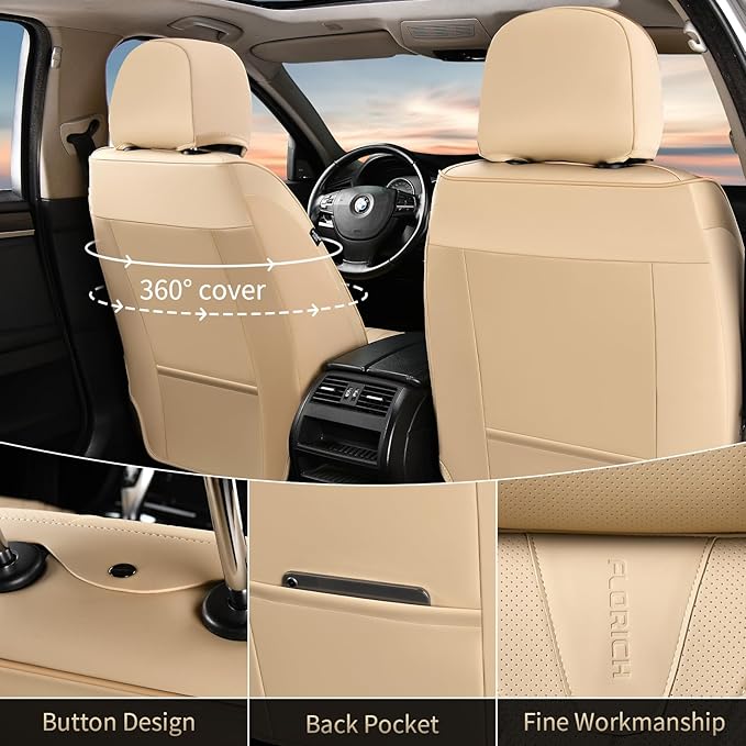 FLORICH Front Seat Covers, Leather Car Seat Covers Luxury Automotive Seat Covers Waterproof Car Seat Protectors Universal Fit for Most Cars SUV Trucks Vehicles, Beige