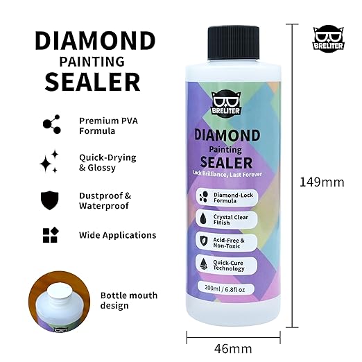 Diamond Painting Sealer, 200ML Clear Glue for Diamond Art, Quick-Drying Adhesive with Glossy Finish, Dustproof & Waterproof Protection, Shine Effect Conserver, with Silicone Brush (6.8 fl oz)
