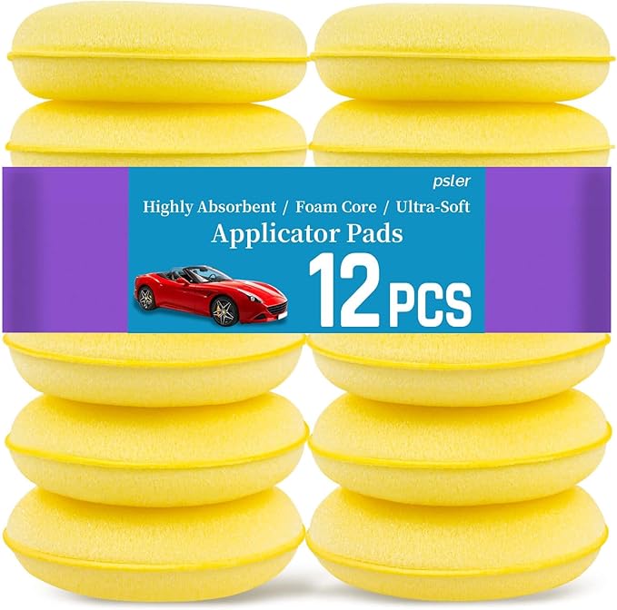 PSLER Foam Applicator Pads - Foam Car Wax Applicator Pad Detailing Round 4 inch Polishing Sponges for Car Wax Applicator Pad 12 Pack-Yellow