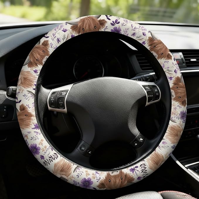 Highland Cow Print Steering Wheel Cover Car Accessories for Men Women with 2 Air Freshener, 15 Inch Anti-Slip Steering Wheel Covers Universal Fit