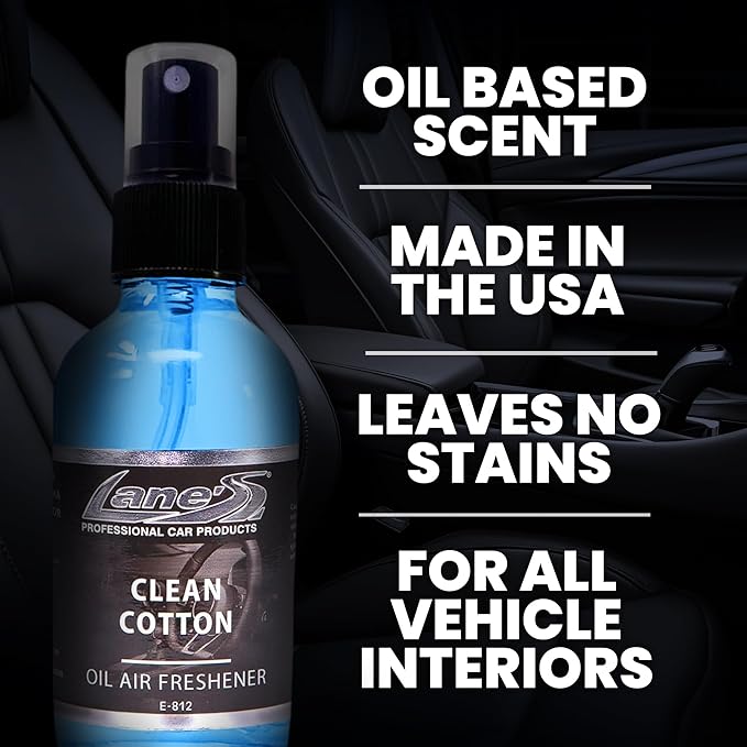 LANE’S Premium Car Air Freshener "Clean Cotton" - 4oz Oil-Based, Long-Lasting Auto Scent Spray - Food, Pet, Odor Smell Deodorizer for Cars, Trucks, SUVs' Interior Leather, Carpet, Upholstery