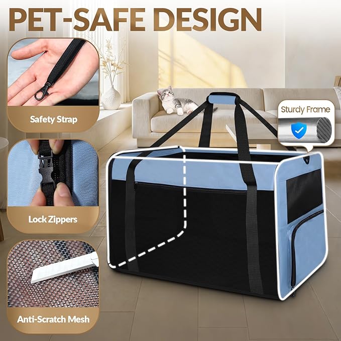 Petskd 26"x17"x17" Extra Large Cat Carrier with Litter Box for Large Cat or 2 Small Cats under 55LBS, Collapsible Soft Sided Pet Carrier for Car Travel with Seat Belt Buckles and Locking Zippers(Blue)