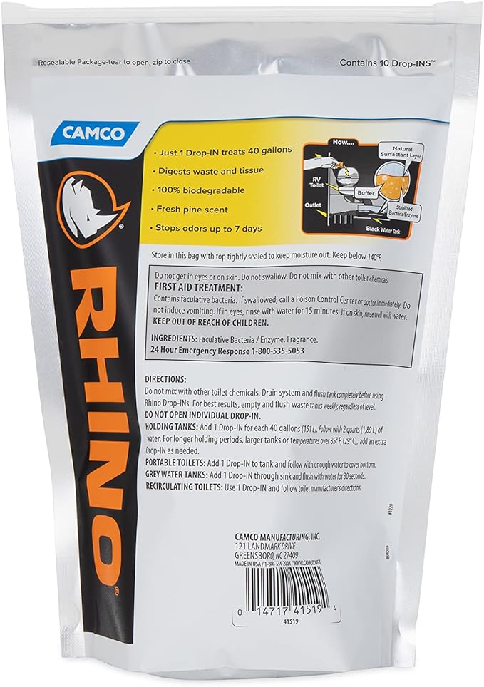 Camco RhinoFLEX Premium Enzyme RV Holding Tank Treatment Drop-INs | Features a Biodegradable Septic Safe Formula, a Pine Scent, and is Ideal for RVing, Boating, and More | 10 Count (41519)