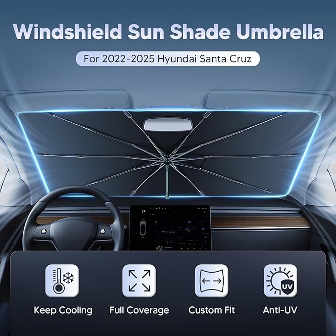 Autorder Windshield Sun Shade Umbrella for 2022-2026 Hyundai Santa Cruz Accessories,Upgraded Ice Crystal Material,Easy Setup Umbrella Sunshade for Car Windshield,100% Sun Blocking
